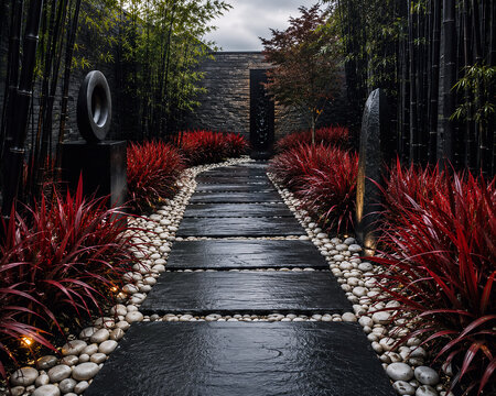 contemporary garden path made of dark black slate tiles, vibrant red Japanese bloodgrass (Imperata cylindrica), black bamboo, and polished white river rocks, high-contrast landscape architecture
