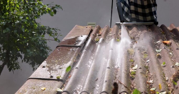 Man standing on ladder and washing dirt and moss from corrugated roofing sheets with high pressure washer. Roof cleaning service