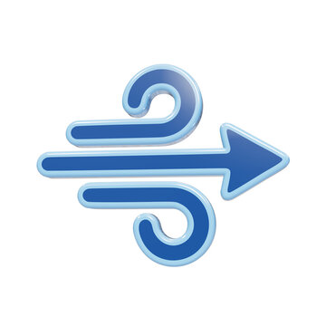 Glossy blue 3D wind symbol with a central arrow and swirling air currents representing ventilation and airflow isolated on a transparent background