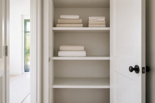 Minimalist storage space with neatly arranged towels on shelves in clean cabinet, showcasing decluttering principles of minimalist lifestyle. Ideal minimalist organization concept for home interiors.