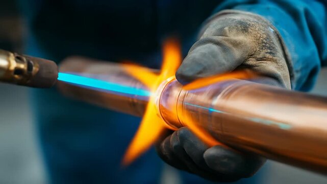 A young adult worker wearing protective gloves uses a propane torch to solder copper pipes together in a professional industrial workshop.