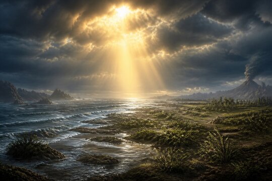 Coastal landscape bathed in sunbeams through storm clouds