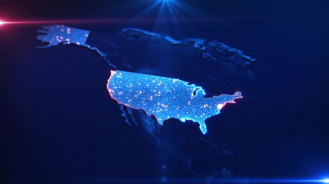 Futuristic United States map shines across global 19 interface with connected nodes luminous particles. data visualization, location intelligence, logistics, research national network videos.