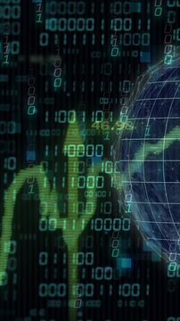 Financial data and binary coding animation over globe with stock market trends