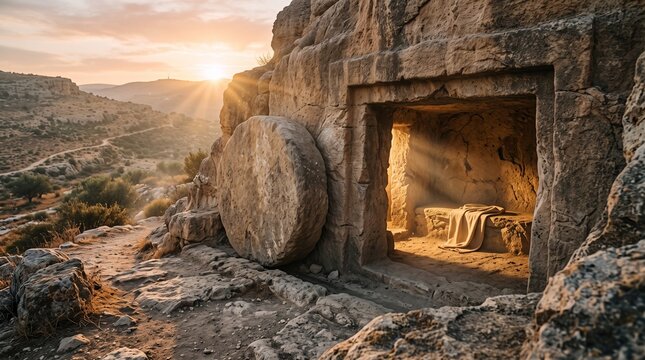 An empty tomb with rolled away stone at sunrise, representing the resurrection of Jesus Christ.