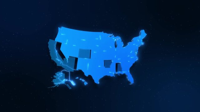 Stylized USA map assembles from individual state blocks luminous edges depth. geographic explainers, regional statistics, government reports, business presentations and map transition videos.