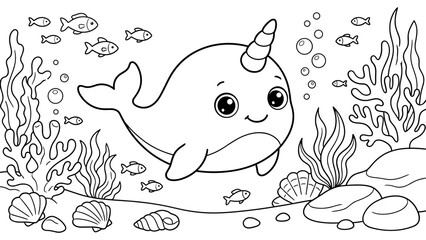 Adorable narwhal swimming in deep sea coloring page for children preschool activity book © MstRina
