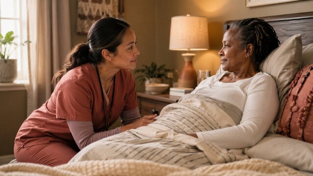 Woman nurse talking to an elderly woman lying in bed. Caregiver providing home health care to a senior patient.