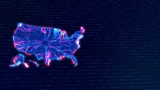 Futuristic United States circuit map central chip flowing electronic lines on background. artificial intelligence, hardware, data processing, enterprise 19 and digital transformation videos.