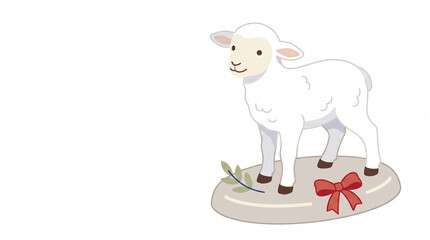 Naklejka premium Easter lamb figurine with bow and green leaves on a stone base 