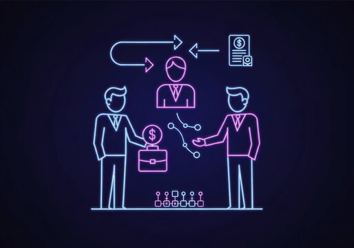 Neon illustration showing people exchanging money, related to business kickbacks and bribery, money flows infograhics ai illustration graphics, AI generated