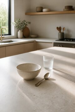 Minimalist kitchen scene with simple bowl and glass of water on countertop. Minimalist lifestyle highlighted by soft light and clean lines, creating a tranquil atmosphere in kitchen design.