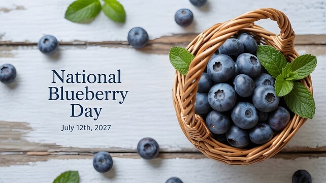 Fresh blueberries in a small wicker basket on a rustic white wooden table for national blueberry day