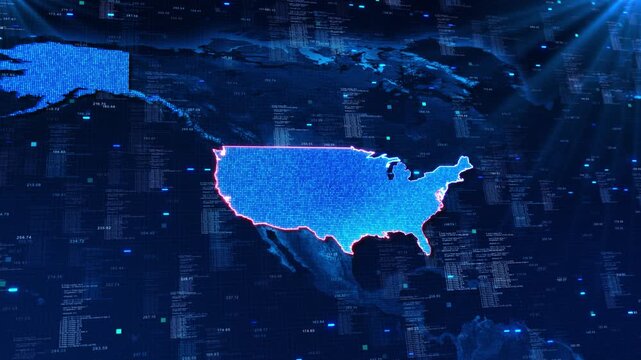 Futuristic United States data map combines luminous pixels world mapping, code panels numeric overlays. digital intelligence, security analysis, enterprise networks, research 19 dashboards.
