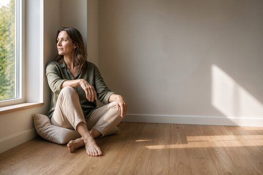 Minimalist lifestyle with woman sitting calmly by window against neutral wall. Minimalist scene shows serene atmosphere, cozy interior, and natural light illuminating peaceful space.