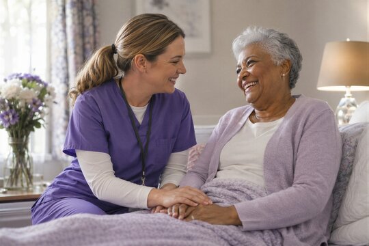 Female nurse in purple scrubs talking to a smiling senior African American woman lying in bed at home.