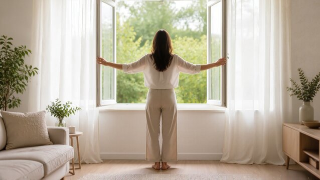 Peaceful moment at home with woman opening window and enjoying fresh air in minimalist living room. Minimalist lifestyle promotes mindfulness and tranquility in daily life.