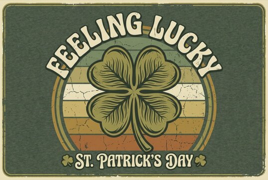 Vintage-style graphic featuring a four-leaf clover and the phrase Feeling Lucky for St. Patrick's Day celebrations, AI generated