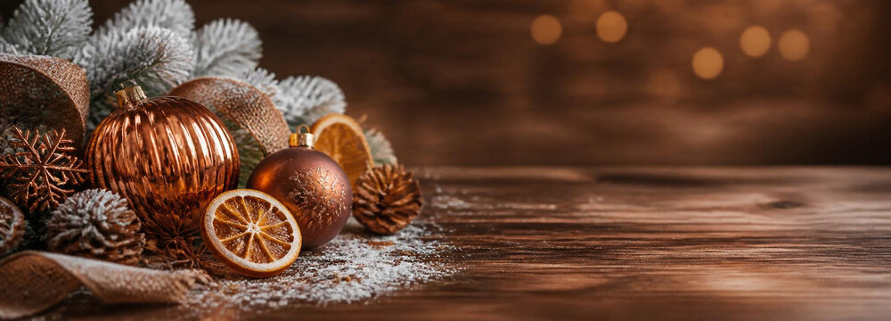 Christmas background with copper ornaments, dried orange slices, pine cones, and frosted fir branches on a rustic wooden table with bokeh lights and copy space