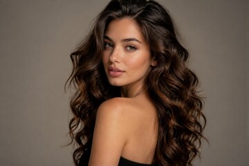 Naklejka premium Young woman posing over shoulder in studio portrait setting