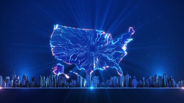Futuristic USA map formed from luminous circuit paths a central chip modern skyline. artificial intelligence, advanced computing, semiconductor development, cyber protection digital transformation