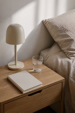 Cozy bedside table with minimalist lamp, glass of water, and blank notebook resting on wooden surface. This serene bedroom setup radiates calmness,