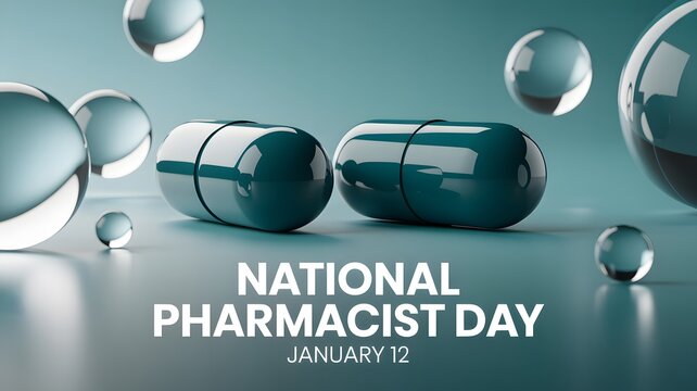 National pharmacist day celebration concept with medical capsules and abstract glass spheres on a teal background