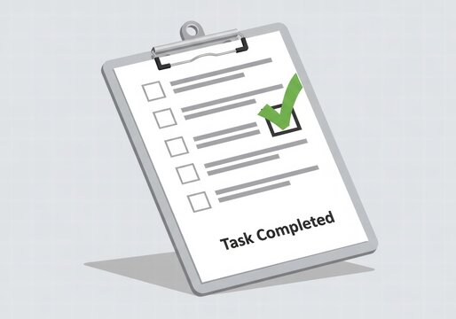 A clipboard displays a checklist with several empty boxes and one box marked with a green checkmark, signifying a completed task, AI generated