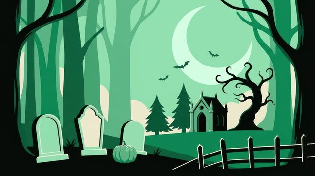 Spooky halloween graveyard with old tombstones and a haunted church in a dark forest under a crescent moon