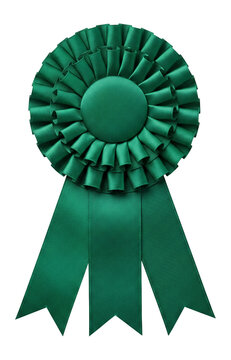 emerald green award rosette with tails, a decorative prize ribbon, isolated on transparent background