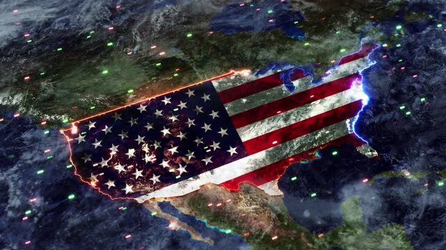 American flag textures USA map across a detailed Earth background with moving digital indicators. international affairs, national policy, global business, defense, diplomacy geopolitical 19
