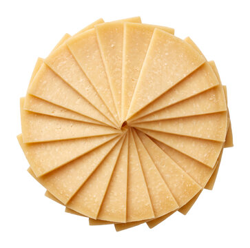 Sliced hard cheese fanned out, a single object, isolated on transparent background