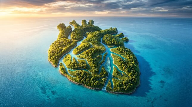 Surreal World Heart Day concept of a heart-shaped island with flowing blue waterways, symbolizing blood circulation, cardiovascular balance, healthy living and environmental vitality.