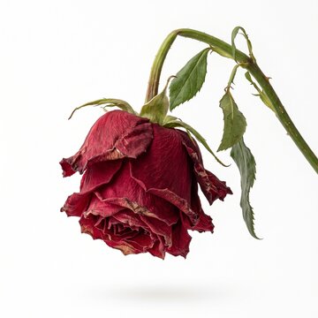 Half-Wilted Red Rose Drooping from Stem Isolated on White Background &ndash; Aging Flower