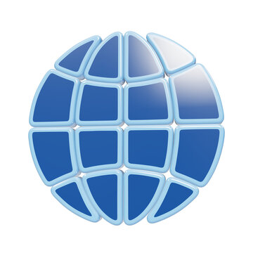 Glossy blue globe icon with segmented grid pattern and rounded glossy tiles representing global network isolated on a transparent background