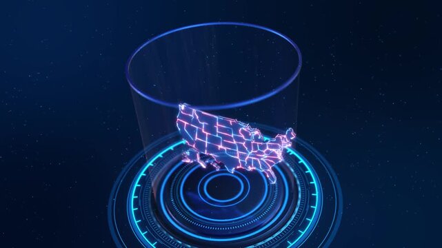 Three-dimensional USA map appears futuristic circular scanner glowing rings holographic effects. command systems, defense analytics, geospatial monitoring, telecom operations location intelligence