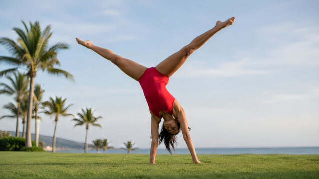 Woman performing a handstand with legs split on a grassy lawn with palm trees and ocean background