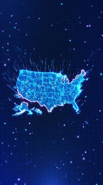 Futuristic United States map glows connected nodes, luminous data routes fast technology lines. broadband, telecom, AI infrastructure, cloud networks, geographic analytics and nationwide connectivity