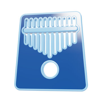 Glossy blue kalimba thumb piano icon with light blue metal tines and frame rendered in a 3D style musical instrument isolated on a transparent background
