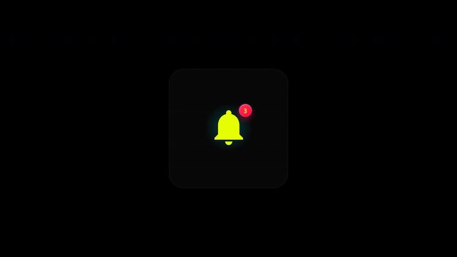 Yellow notification bell icon with unread message badge on dark user interface button animation