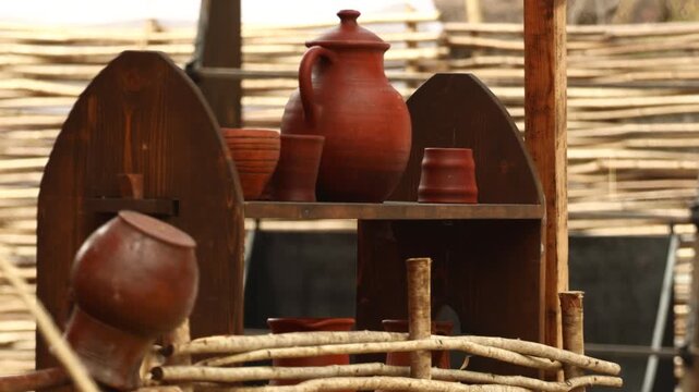 A collection of pottery on a wooden shelf