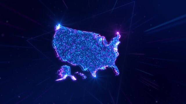Bright USA silhouette shines dense cyan magenta data points dark futuristic background. broadband, telecom coverage, digital transformation, regional analytics connected technology presentations.