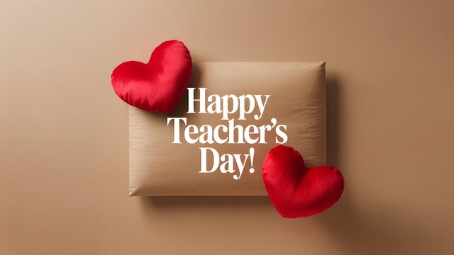 A wrapped gift box with red hearts and a happy teachers day message on a brown background