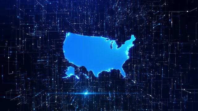 Glowing USA shape appears dense 19 interface of electronic paths, points digital lines. software networks, broadband, automation, computing systems, national infrastructure advanced 19