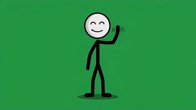 Happy Stick Figure Running and Waving Hello on Green Screen