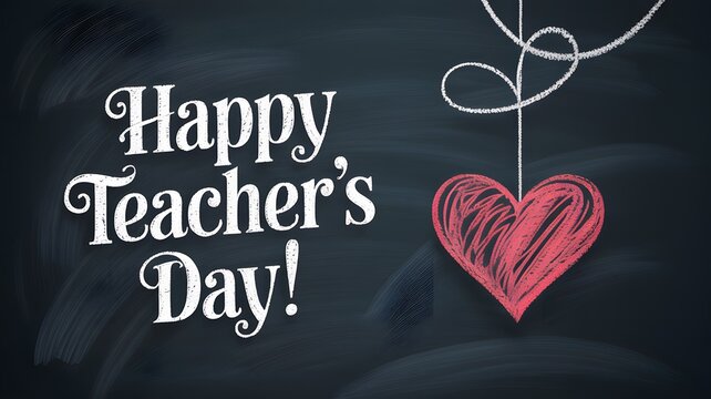 Happy teacher day greeting card design with a hand drawn red chalk heart on black chalkboard background