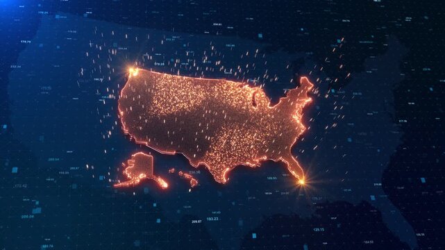 Illuminated USA map displays dense activity points numeric information futuristic network surface. population analytics, market research, demographics, logistics, economic trends regional planning