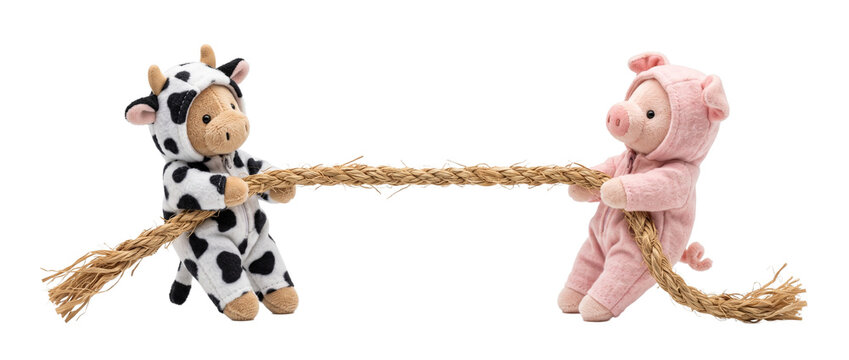 Cute plush cow pig stuffed toys playing tug of war with rope on black background, funny competition business conflict power struggle strength teamwork concept isolated studio shot close up copy space