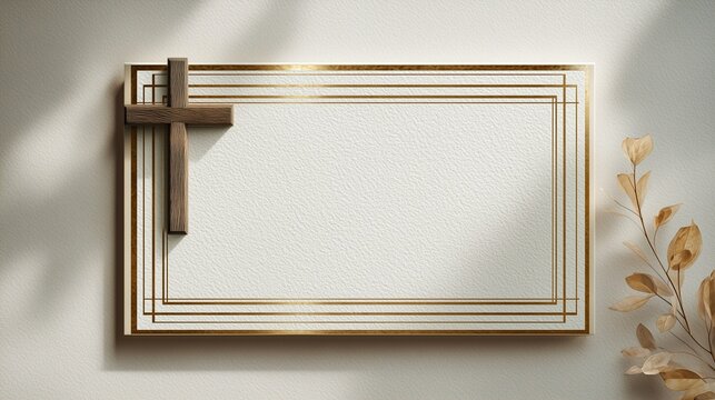 Frame with a cross and ornate religious frames and ethnic decorative leaves. Perfect for Easter cards, Christmas cards, and baptism cards.
