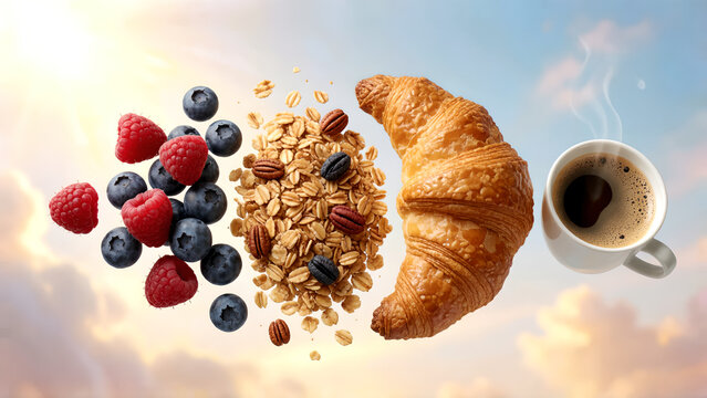 Delicious breakfast composition with croissant berries granola and hot coffee against a sky background.